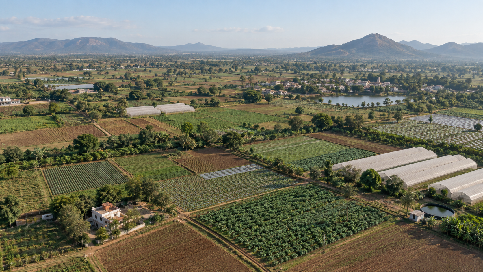 Agricultural landscape with open fields and polyhouses in India