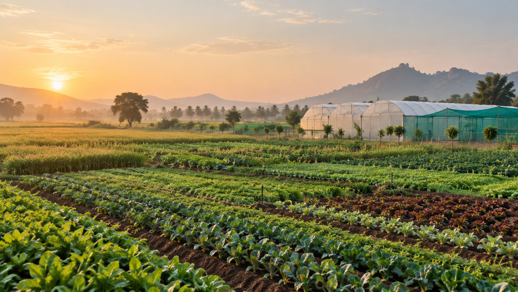 Open fields and polyhouses at sunrise in rural India