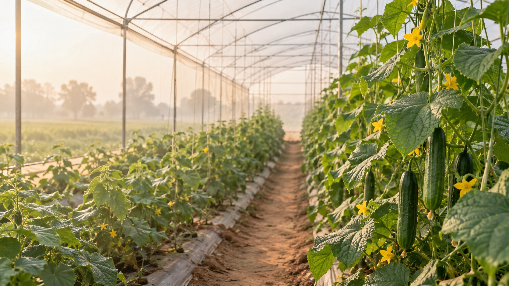 Cucumber vines growing inside a polyhouse