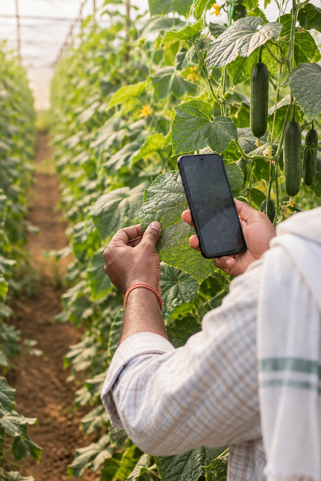 Field specialist photographing a cucumber leaf during a visit