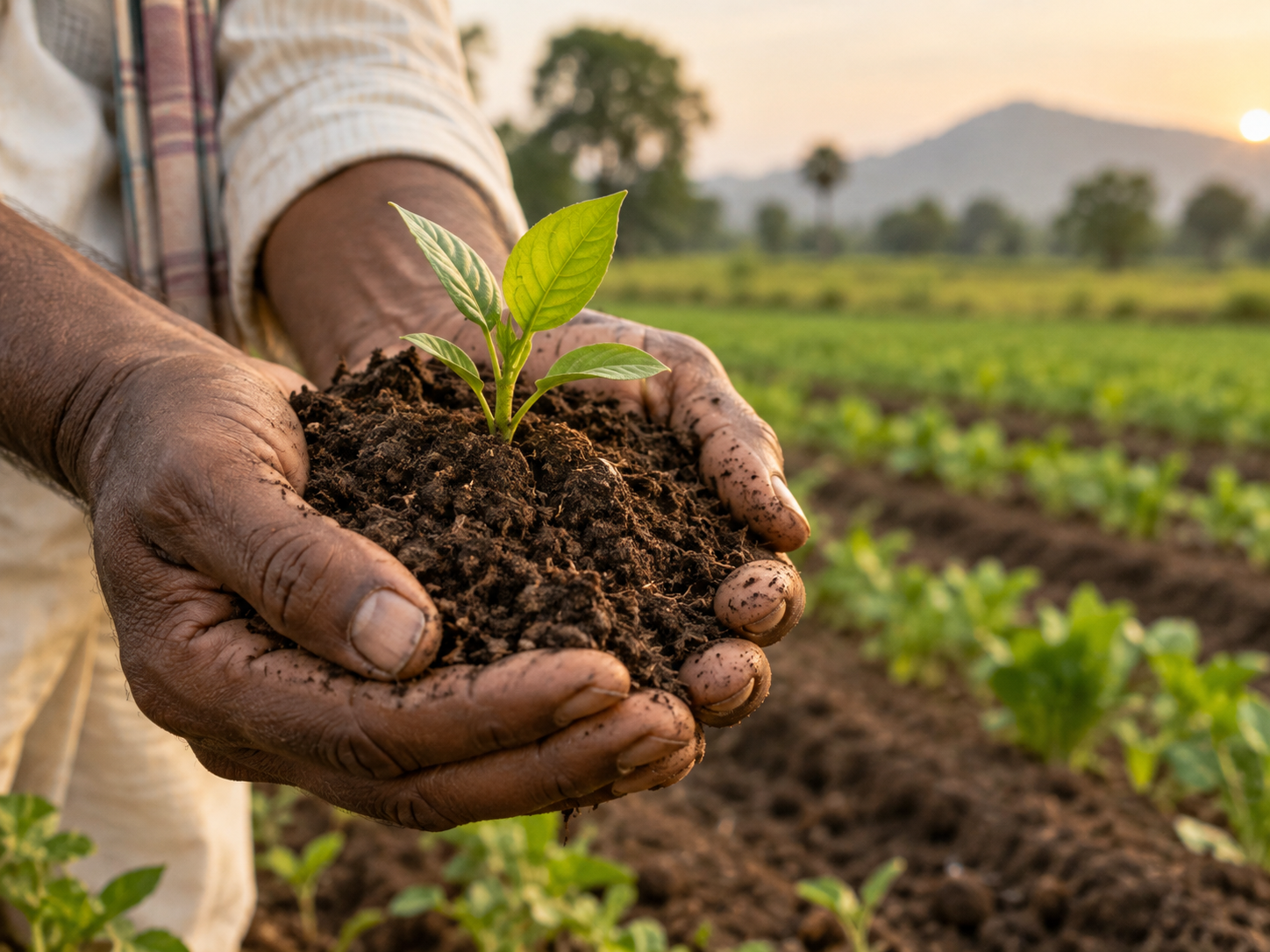 Hands holding soil with a young seedling in a field